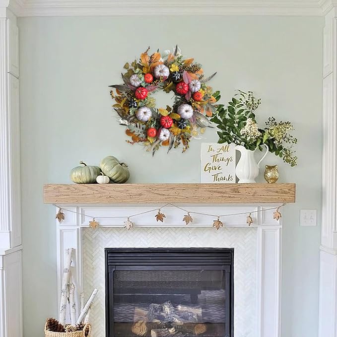 TEMPUS 24 Inch Fall Wreath Artificial Pumpkin & Grain Decor - Handcrafted Harvest Thanksgiving Wreath for Front Door, Wall, Farmhouse