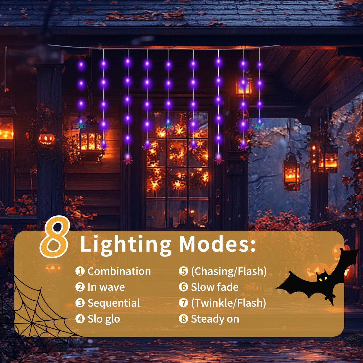 Halloween Spider Curtain String Lights, 7.2Ft Halloween Decorations Indoor Outdoor with 12 Multicolor Spiders and 60 Purple LED Bulbs Fairy Lights for Window Porch Garden Party Décor, USB Operated