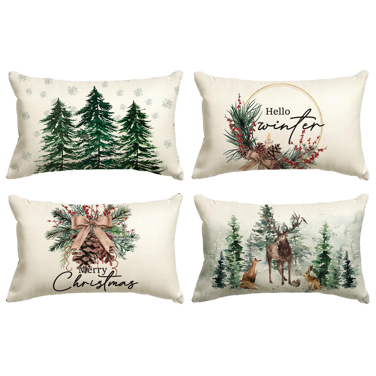AVOIN colorlife Merry Christmas Trees Reindeer Snowflake Throw Pillow Covers, 12 x 20 Inch Xmas Red Berries Hello Winter Holiday Cushion Case Decoration for Sofa Couch Set of 4