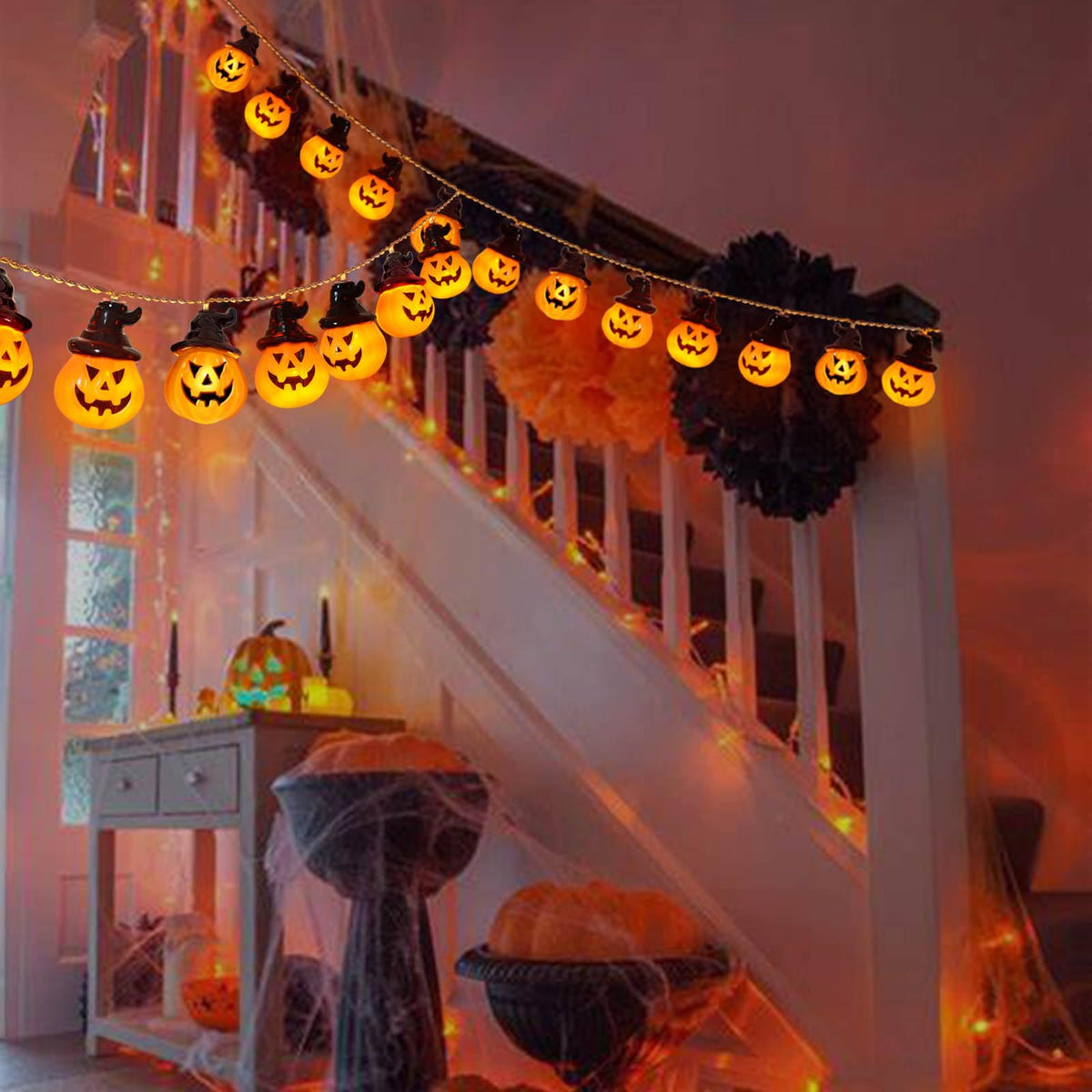 Abkshine Battery Operated Pumpkin Lights for Halloween Decorations Indoor, Jack-o-Lantern String Lights for Halloween Party Front Door Porch Fireplace Camper Golf Cart Parade Garland Wreath Decor