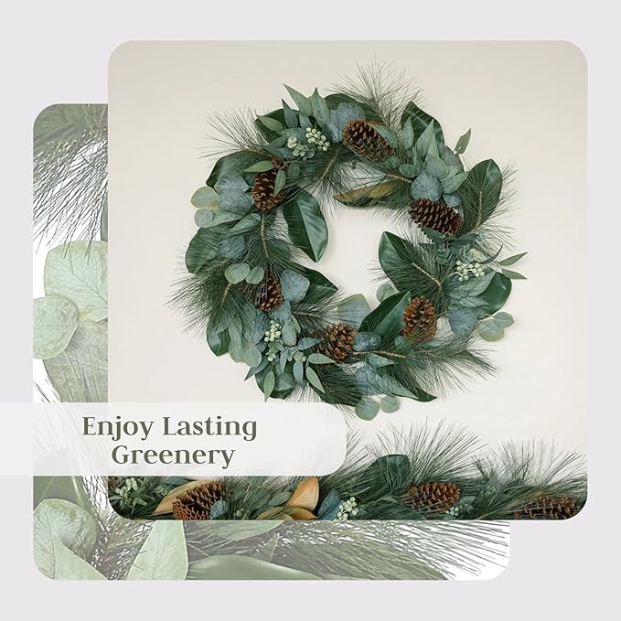 CG Hunter Holiday Collection Faux Wreath, Premium Artificial Indoor and Outdoor Large 28" Magnolia, Eucalyptus, Pinecone, Needle Pine Christmas Wreath, Christmas Decorations and Holiday Greenery
