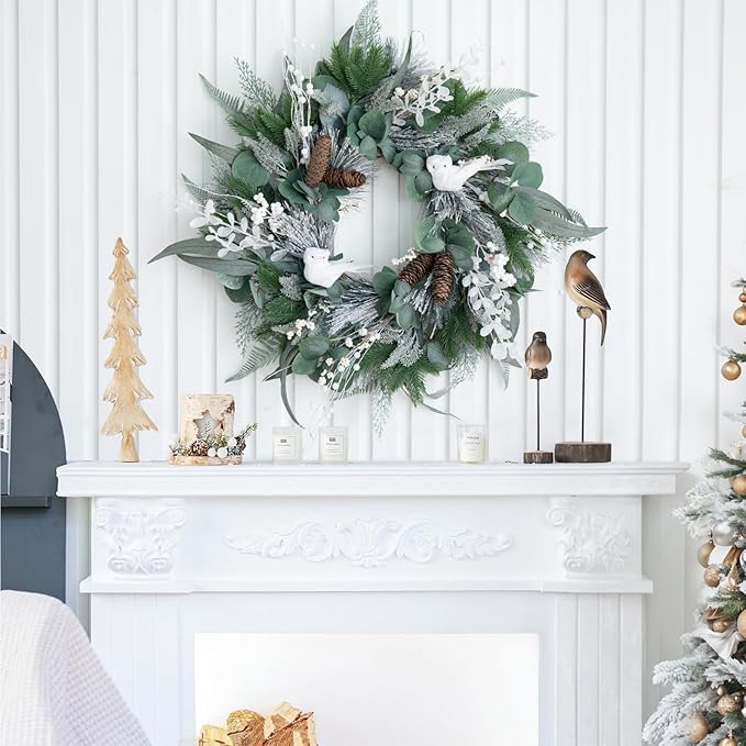 Winter Wreaths for Front Door Outside- 24 Inch Outdoor Christmas Wreath with White Owl,Pine Cones,Cedar and White Berries,Artificial Snowy Winter Decorations for Home Farmhouse Door Decor