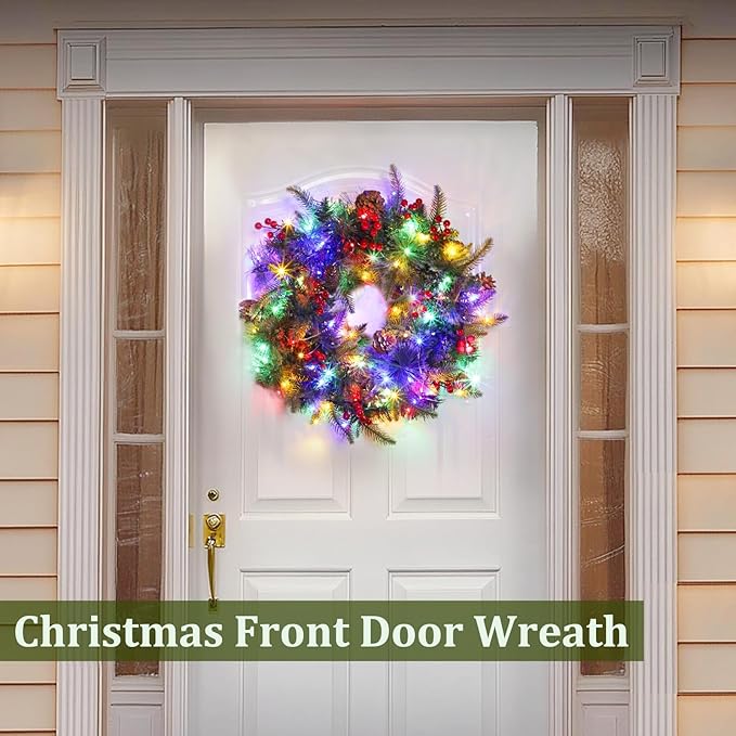 Christmas Wreaths for Front Door, Prelit Christmas Wreath with 30 Warm White & Colorful Lights 8 Modes Timer Pinecones Berried Norfolk Pine Wreath 20 Inch Xmas Wreath Decorations for Door Wall Windows