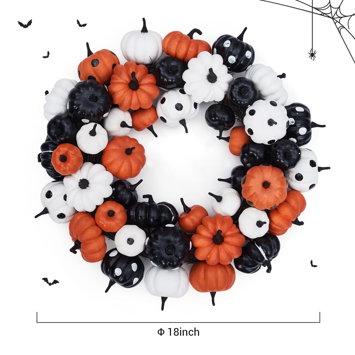 GarveeHome 18 Inch Halloween Fall Wreath for Front Door, Black Orange White Artificial Pumpkin Wreath for Fall and Halloween Indoor Outdoor Home Party Decor