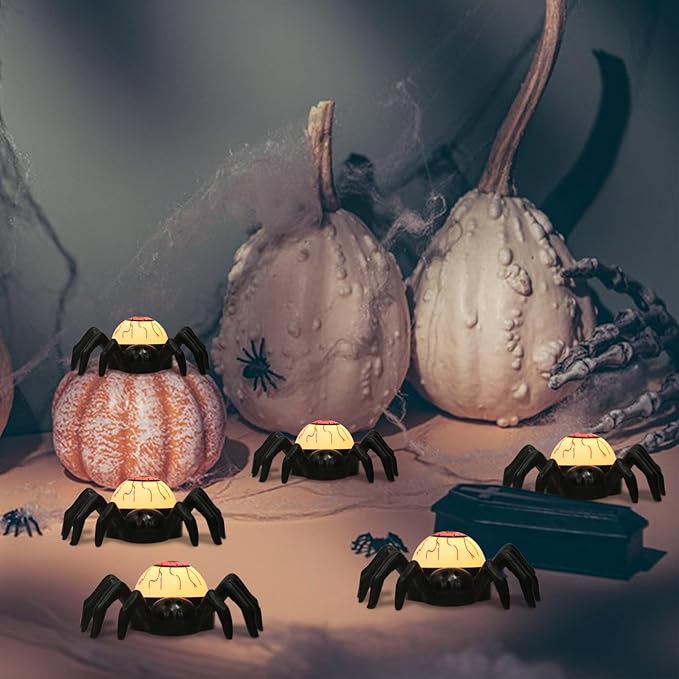 Halloween Decorations Tea Lights Candles with 6H Timer, 6 PCS Battery Operated LED Candle Spider Eyeballs Flameless Flickering Table Party Halloween Decor Indoor