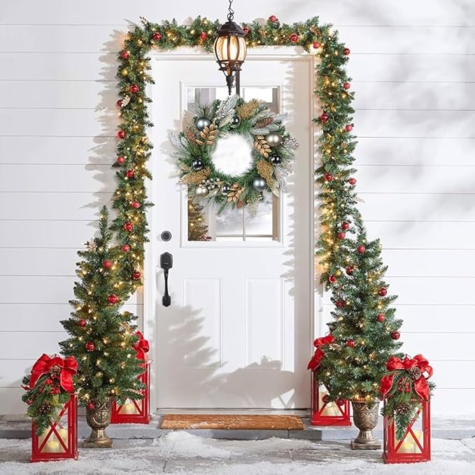 20 inch Christmas Door Wreath, Norfolk Pine Wreaths for Front Door with Silver Ball Glittered Leaf Spray Stems Pinecones Berries for Fireplace Xmas Decorations, Wall Window Indoor Outdoor Decor