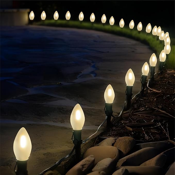 25Ft C7 LED Christmas string Lights, C7 Outdoor Frosted White String Lights with 27 LED Frosted Bulbs, Hanging Vintage Christmas Lights for Christmas Backyard Carnival Patio Wedding Holiday Decoration