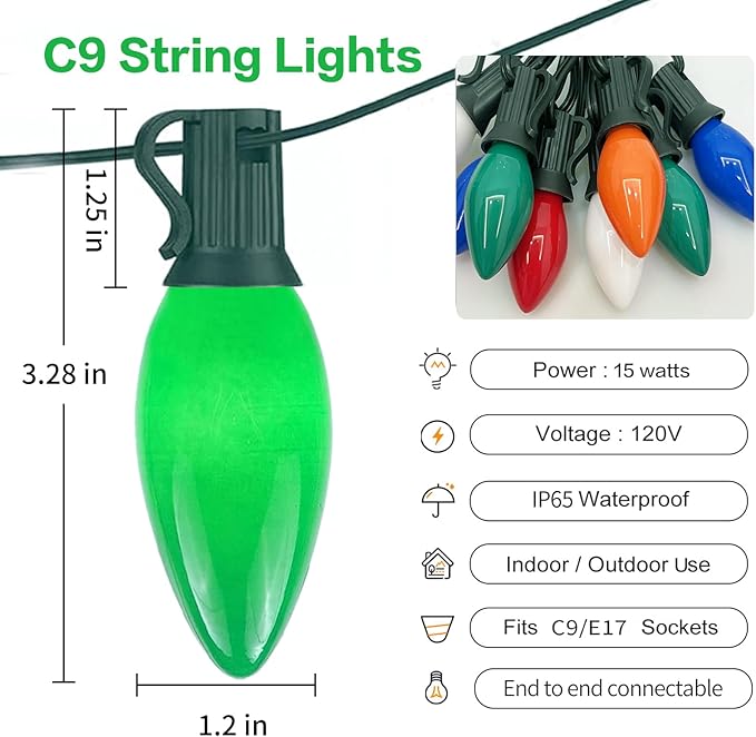 C9 Christmas Lights Outdoor, 25 Ft Multicolor Vintage LED Christmas String Lights for Roofline Xmas Tree Holiday Wedding Party Garden Home Decor - Green Wire