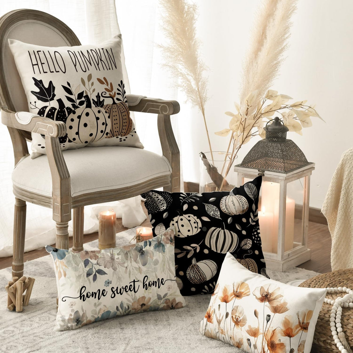 AVOIN colorlife Fall Hello Pumpkin Leaves Throw Pillow Covers, 20 x 20 Inch Autumn Thanksgiving Harvest Polka Dot Black Decorations for Sofa Couch Set of 4