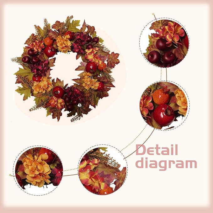 20 Inch Autumn Wreaths for Front Door Fall Wreaths for Thanksgiving & Halloween & Harvest Festival Indoor/Outdoor Fall Decorations with Apples Pomegranates Maple Leaves