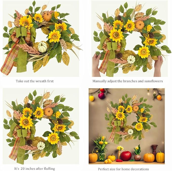 20 Inch Fall Wreath for Front Door, Sunflower Autumn Wreath with Pumpkins and Bow for Thanksgiving Farmhouse Home Window Wall Office Wedding Indoor Outdoor Decorations