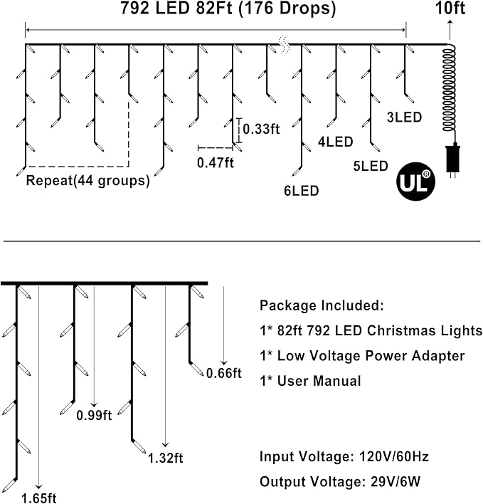 792 LED Christmas Lights with 176 Drops,82ft 8 Modes Fairy Hanging String Lights with Timer Waterproof, Plug-in Christmas String Lights for Holiday Wedding Party Christmas Decorations (Multicolor)