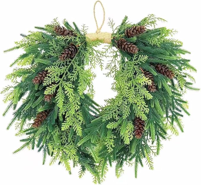 20 inch Christmas Wreath for Front Door- Indoor and Outdoor, Artificial Christmas Wreath Decorated with Pine Cones and Cypress Trees, Rural Farmhouse Holiday Wreath Decoration