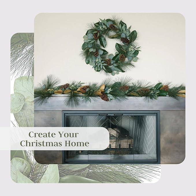 CG Hunter Holiday Collection Faux Wreath, Premium Artificial Indoor and Outdoor Large 28" Magnolia, Eucalyptus, Pinecone, Needle Pine Christmas Wreath, Christmas Decorations and Holiday Greenery