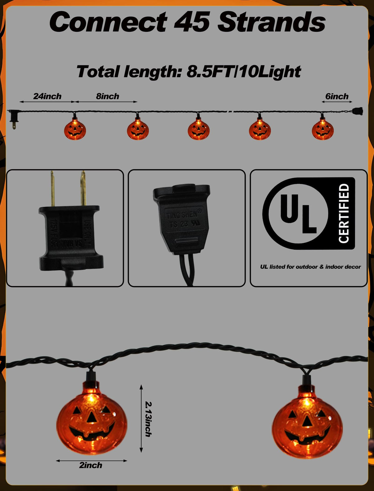 Xingzd 8.5Ft LED Halloween Lights Pumpkin String Lights with 10 Smiling Jack O Lantern Pumpkin Lights, Clear Orange Jack O Lantern for Home Party Yard Porch Indoor Outdoor Decor Halloween Decorations