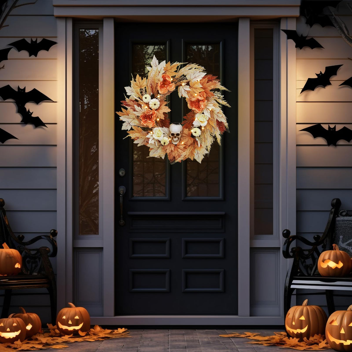 GarveeHome 22 in Halloween Skull Wreaths for Front Door, Fall Maple Leaves Wreath with Lights White Pumpkins Roses, Halloween Decorations for Porch Window Indoor Outdoor Decor