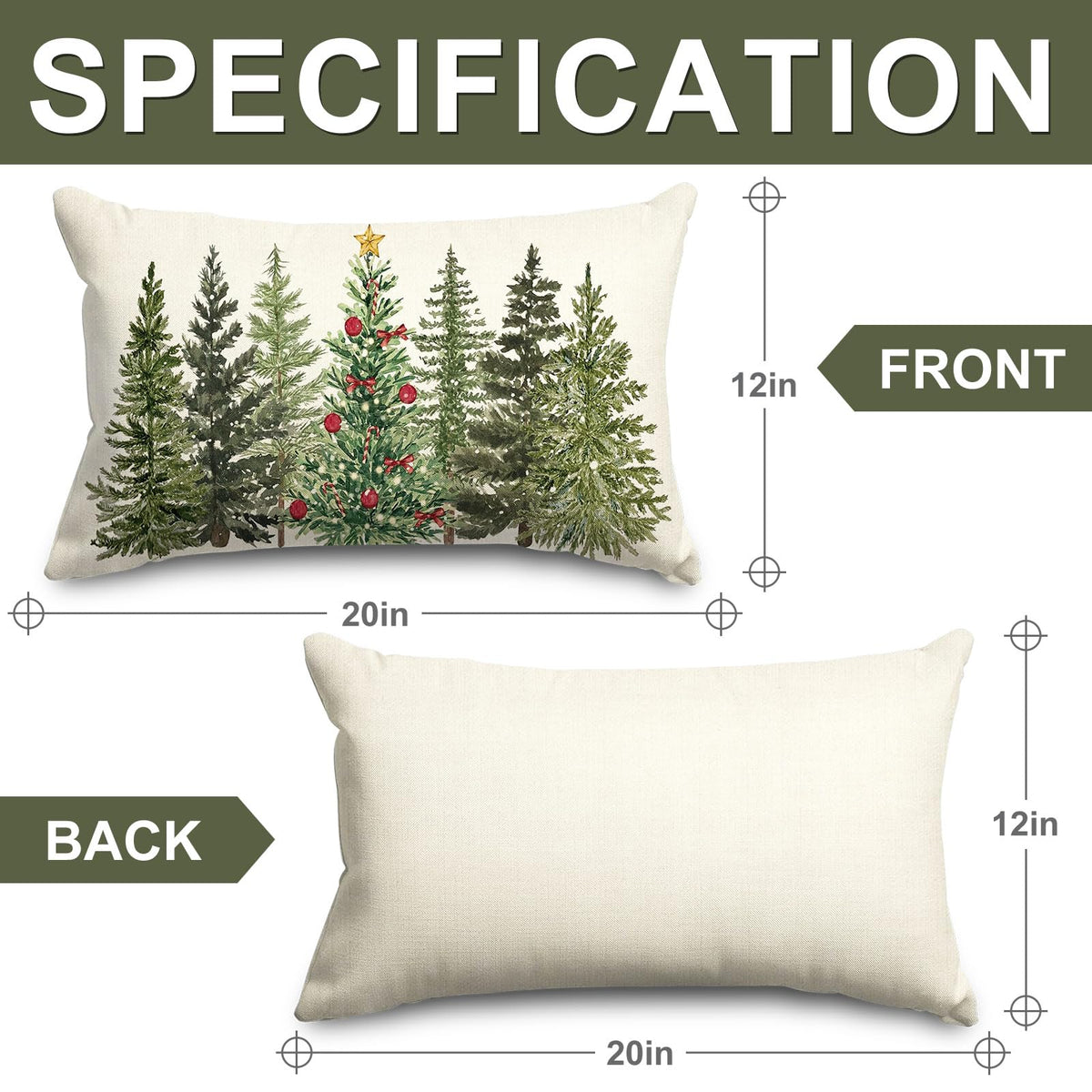 Christmas Rectangle Pillow Cover Watercolor Xmas Pine Tree Throw Pillow Case 12 x 20 Inch Cushion Cover for Winter Party Home Farmhouse Couch Sofa Car