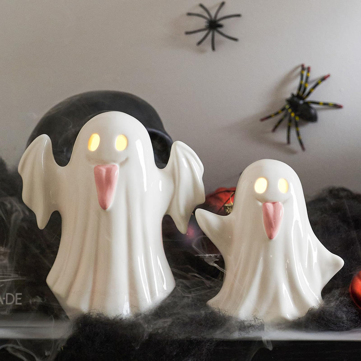 WDS WONDROUS Halloween Decor Light Up Ceramic Ghost Figurines – White Ghost with Pink Tongue Set of 2 – Fall Halloween Indoor Decorations for Home Table Office Desk Decor, Cute Ghost Statues