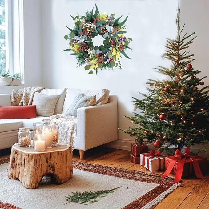 20 inch Green Christmas Wreath for Front Door,Window, Porch, Farmhouse, Indoor and Outdoor Home Decoration