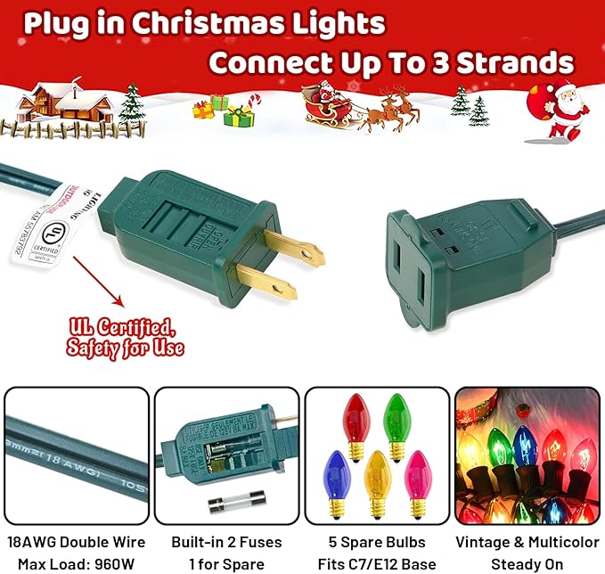 50Ft Multicolor C7 Vintage Christmas Lights String Colored Christmas Tree Lights with 50 + 5 Pack E12 Color Bulbs, for Light up Christmas Tree Home Stair Yard Indoor Outdoor Christmas Decorations, 5W