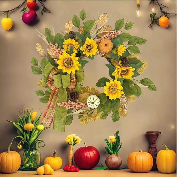 20 Inch Fall Wreath for Front Door, Sunflower Autumn Wreath with Pumpkins and Bow for Thanksgiving Farmhouse Home Window Wall Office Wedding Indoor Outdoor Decorations