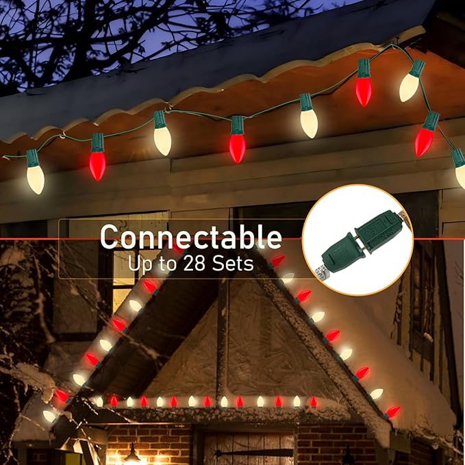 Red and White LED Christmas Lights,25FT Vintage C9 Red White Christmas Lights Outdoor with 26 LED Bulbs,Commercial Extendable Xmas Light for Roofline Patio Holiday Party Backyard Xmas Decor