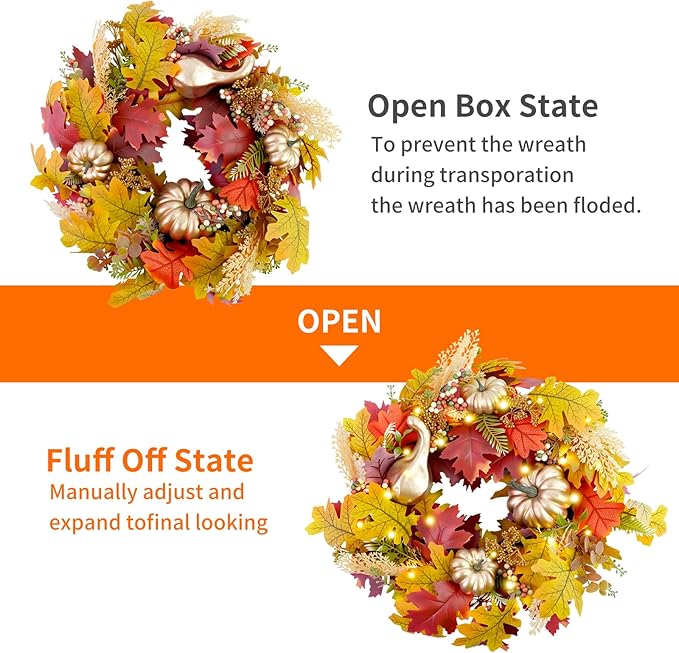 Fall Wreaths for Front Door,Sunflower Autumn Wreath with Lights,Pumpkins and Bows,for Thanksgiving Halloween Farmhouse Indoor Outdoor Outside (Golden Pumpkin)
