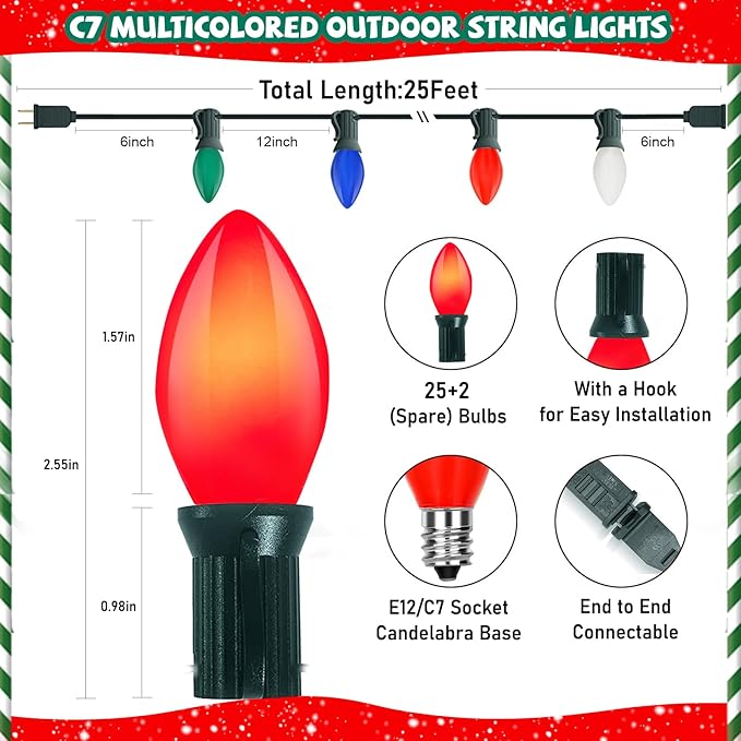 C7 Vintage Christmas Lights, 25Ft Ceramic Multicolor Christmas String Lights with 27 5W Glass Bulbs, Waterproof Connectable Christmas Decorations for House Roofline Backyard Wedding Holiday Party