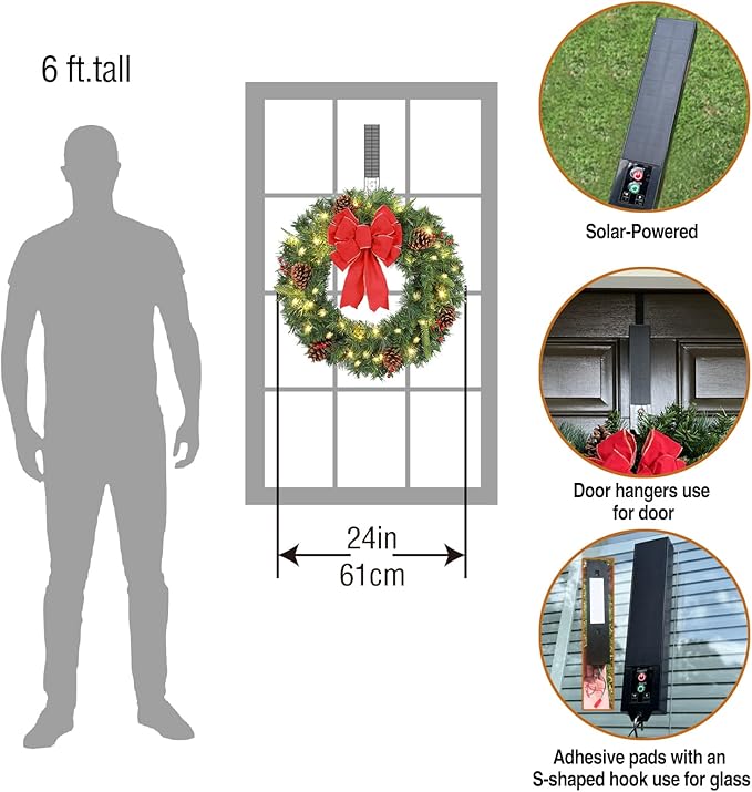 Solar Christmas Wreath 24 Inches Pre-Lit Solar 50 Led Artificial Wreath Outdoor Front Door Window Christmas Decor with Frosted Branches Pine Cones Berry Clusters Red Velvet Bows (2401)