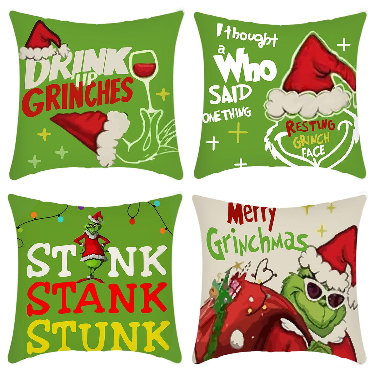 BOGGEUSS Christmas Throw Pillows Covers 18x18 Set of 4 Green Elf Pillow Covers Christmas Decorations for Home Sofa Couch Bed