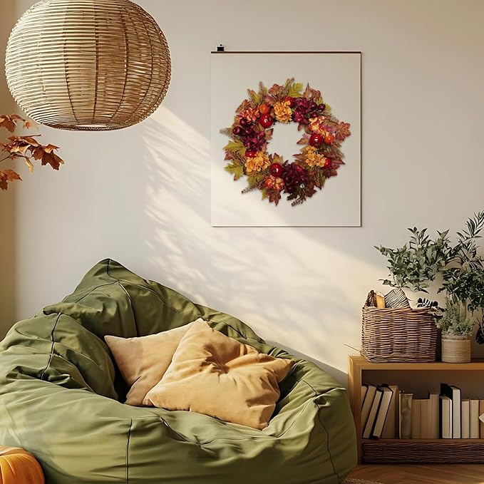 20 Inch Autumn Wreaths for Front Door Fall Wreaths for Thanksgiving & Halloween & Harvest Festival Indoor/Outdoor Fall Decorations with Apples Pomegranates Maple Leaves