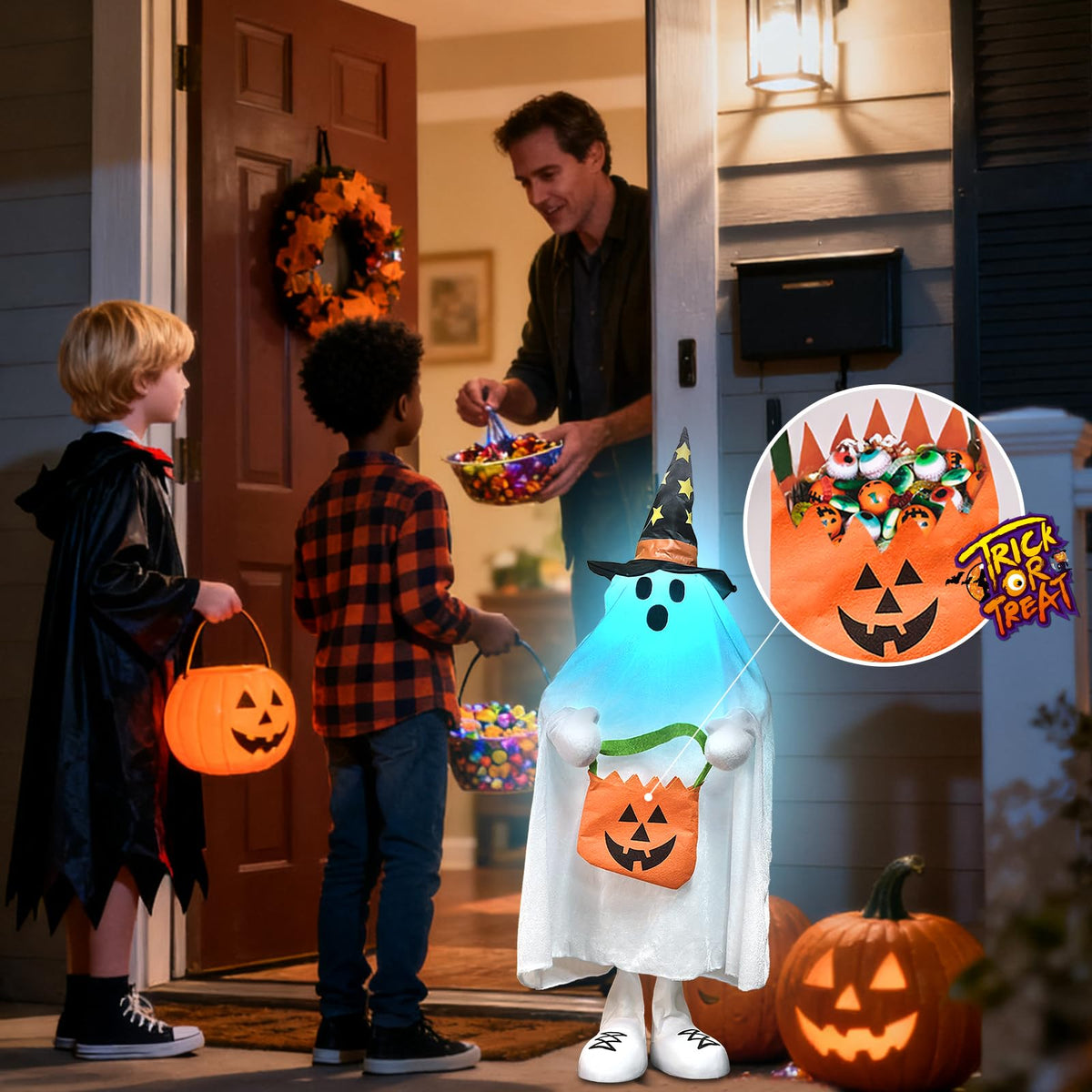 Halloween Decorations Outdoor Light Up Ghost Decor Indoor Color Changing Spooky Ghost Porch Decorations Trick or Treater with Candy Pocket Front Porch Halloween Decor for Yard Home Party Kids 37 "