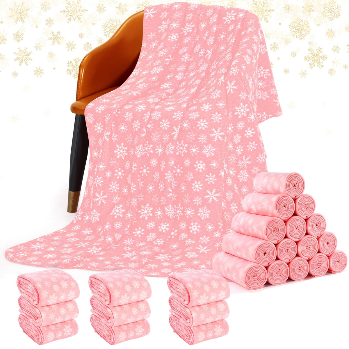 Moukeren 24 Pcs Christmas Snowflake Throw Blanket Bulk, 59 x 47 Inch Xmas Winter Throw Blanket Christmas Warm Soft Cozy Fleece for Home Bedding Couch Chair Gift (Pink)