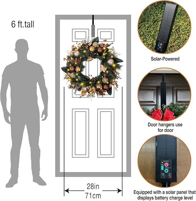 Solar Christmas Wreath 28 Inch Pre-Lit Solar 50 Led Artificial Wreath for Front Door Window Home Decor Decorated with Golden Pine Cones Christmas Balls Glitter Pine Branches(2811)