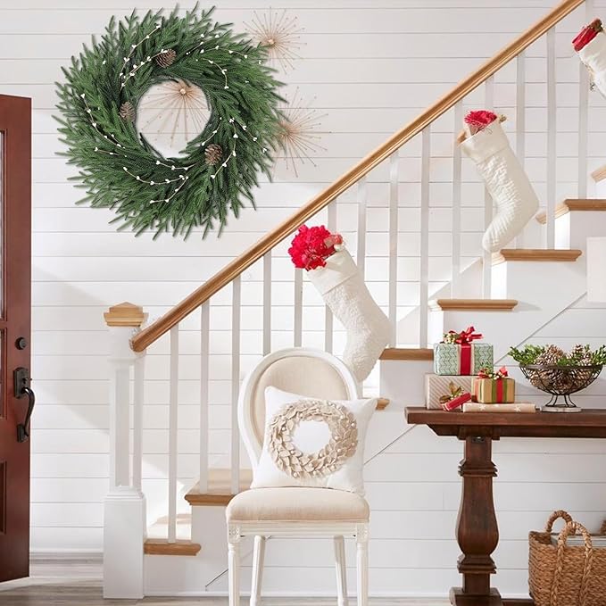 26 Inch Christmas Wreath, Christmas Wreaths for Front Door, Pine Wreath with Pine Cones Berries for Indoor Outdoor Wall Mantle Door Decor