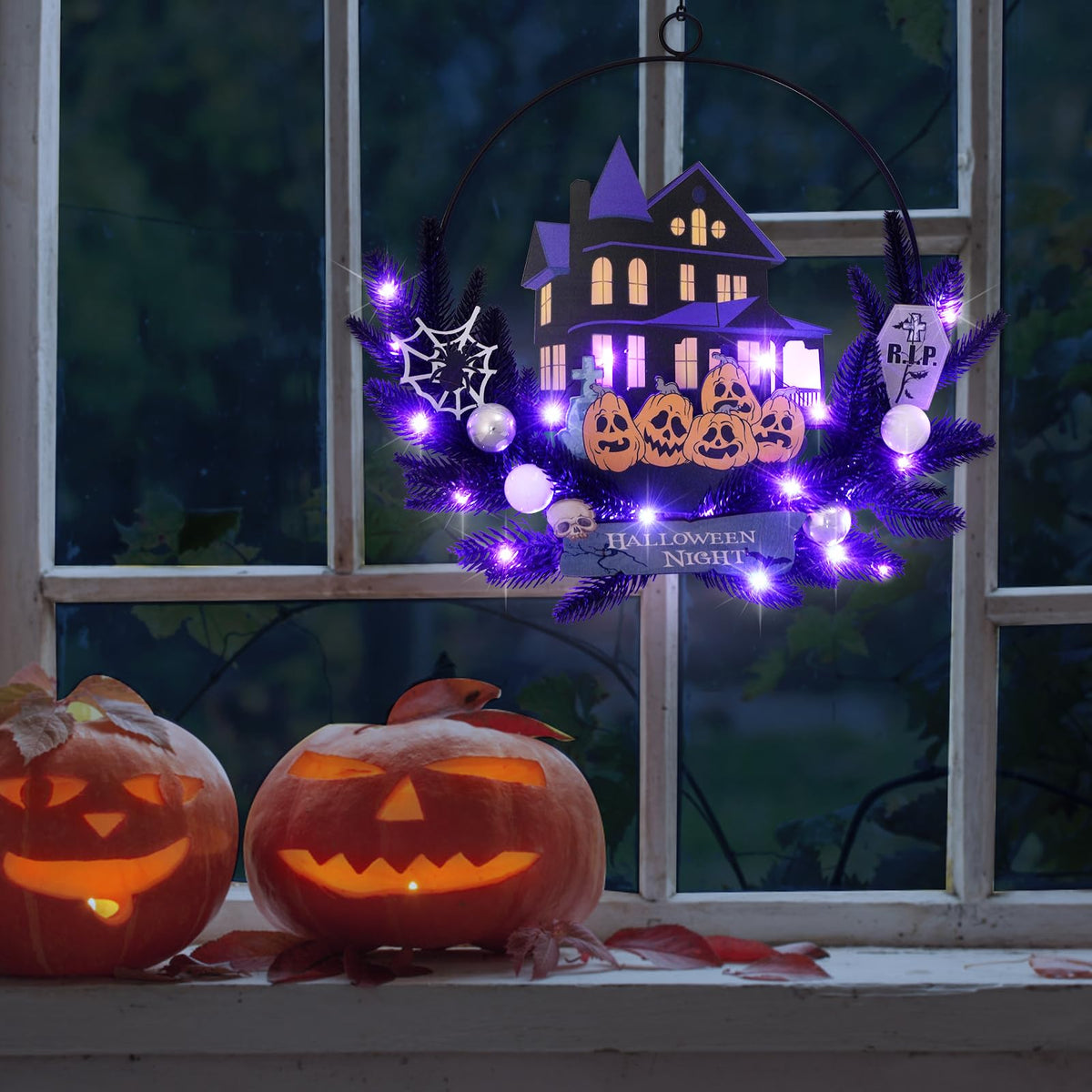 30 LED Lighted Pumpkin Halloween Decoration Wreath for Front Door, Welcome Metal Wooden Hanging Sign Door Wreath Decor, Battery Operated Indoor Outdoor Halloween Wall Decor