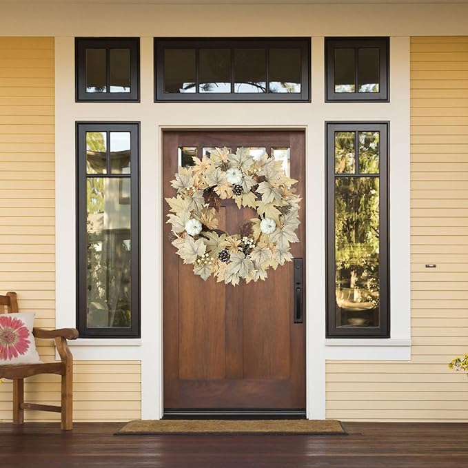 Realistic Fall Wreath with Lights, 22" Fall Wreaths for Front Door with Pumpkins Fall Leaves Berries Pine Cones,Autumn Wreath Fall Decorations for Home Thanksgiving Halloween Decorations for Wall Door