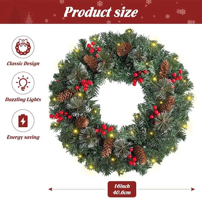 FR Artificial Pre-Lit Fir Christmas Wreath Holiday Accent Decoration, Wintry Pine, Decorated with Pine Cones Berry Clusters, with LED Lights Battery Operated for Door, Mantel - 16 Inch