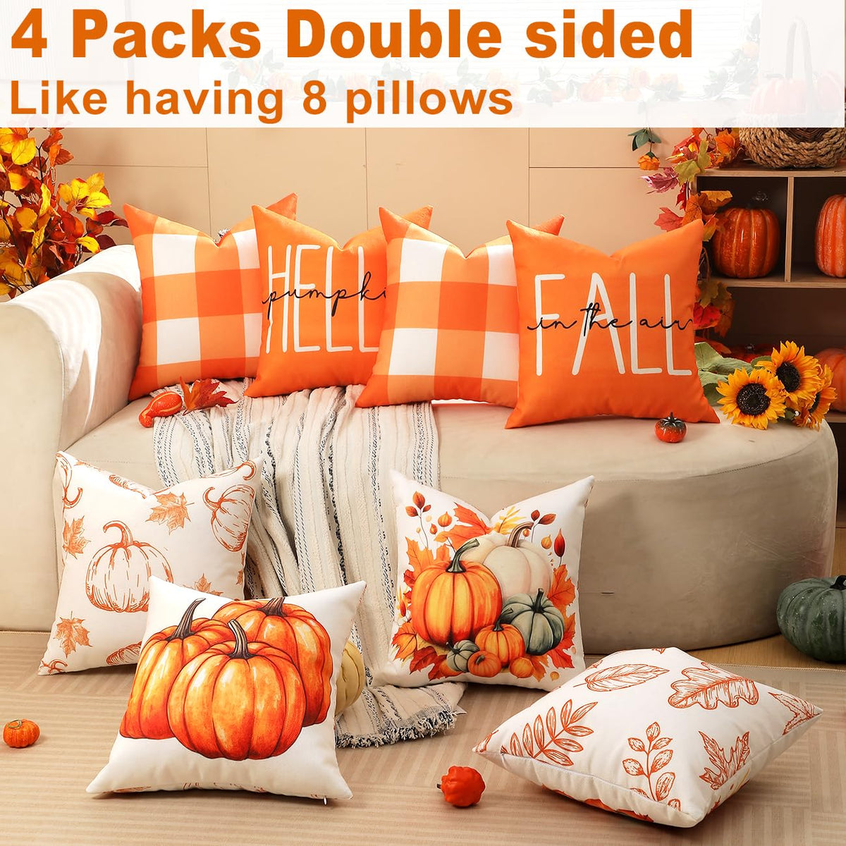 TOYPOPOR Fall Decorations for Home, 4 Packs Double Sided Throw Pillow Covers, Buffalo Plaid Thanksgiving Front Porch Farmhouse Cushion Cases Indoor Outdoor Autumn Decor for Couch, Living Room 20x20