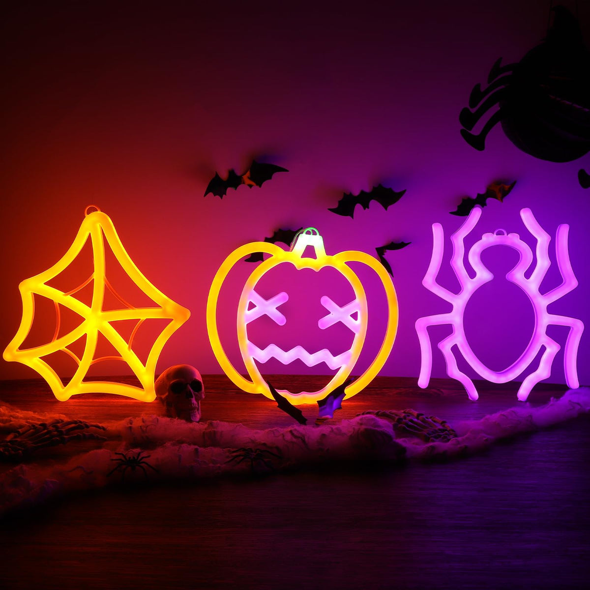 3 Pack Halloween Neon Sign for Wall Decor, Pumpkin Spider Neon Light Spider Web LED Lights for Halloween Decorations, Battery or USB Powered, Light up Sign for Party, Home, Room, Window Decor