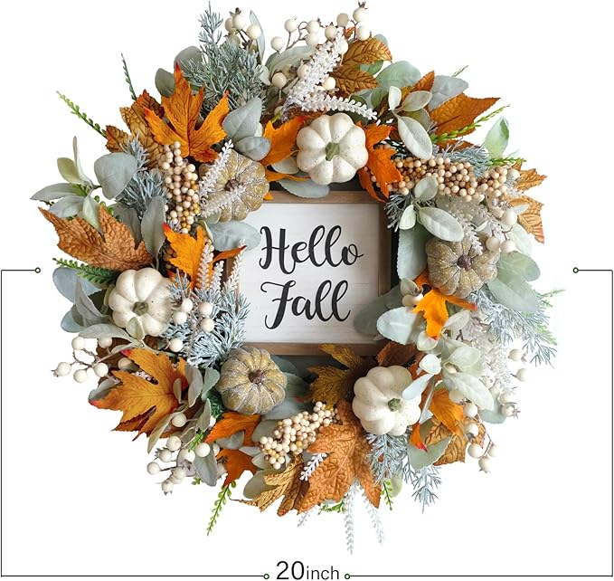 20inch Thanksgiving Fall Wreath, Eucalyptus Berries Pumpkins Lamb Ears Leaves Autumn Wreaths for Front Door, Fall Decor, Porch Wall, Home Outdoor Holiday Decorations Wreath for Autumn