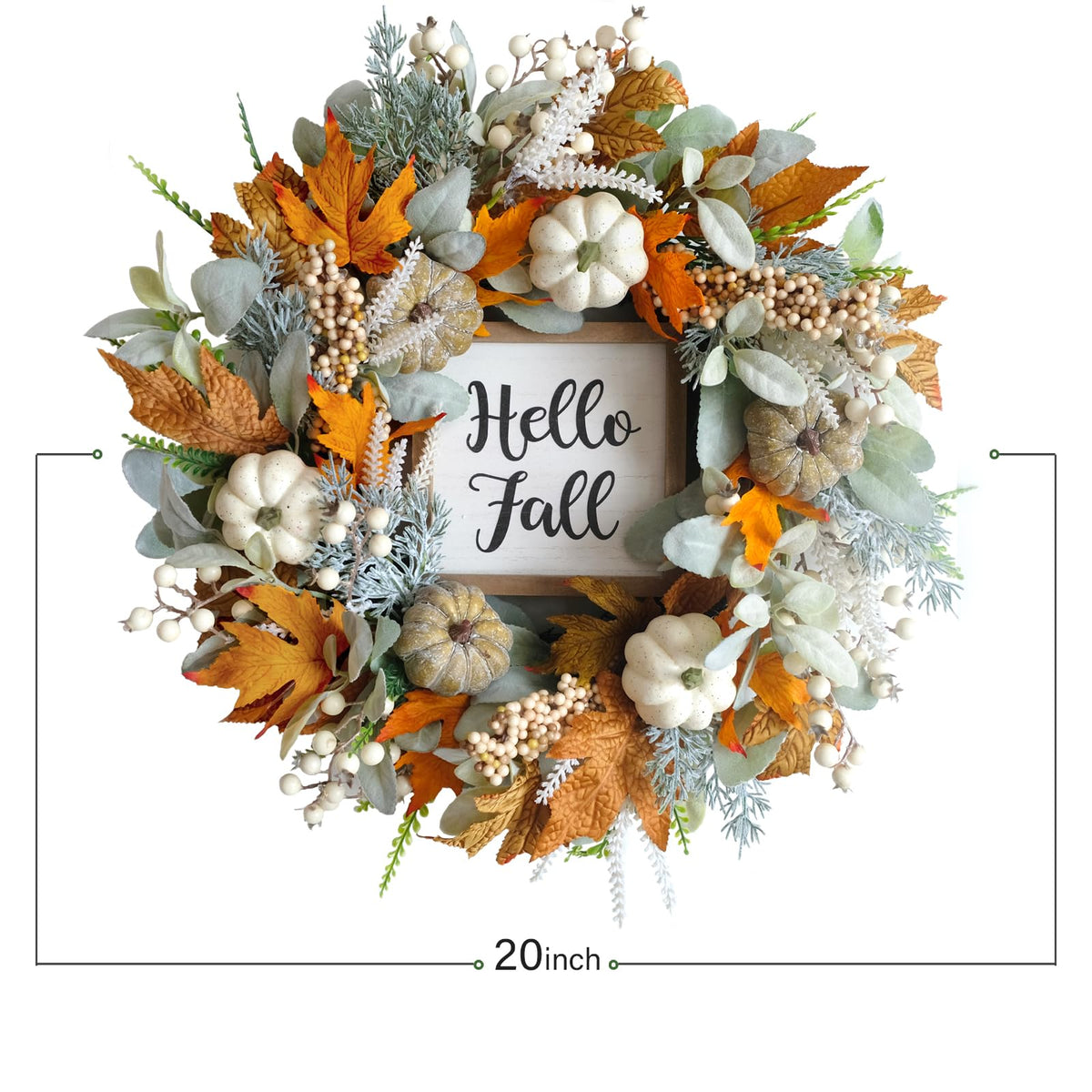 CIR OASES 20inch Thanksgiving Fall Wreath, Eucalyptus Berries Pumpkins Lamb Ears Leaves Autumn Wreaths for Front Door, Fall Decor, Porch Wall, Home Outdoor Holiday Decorations Wreath for Autumn