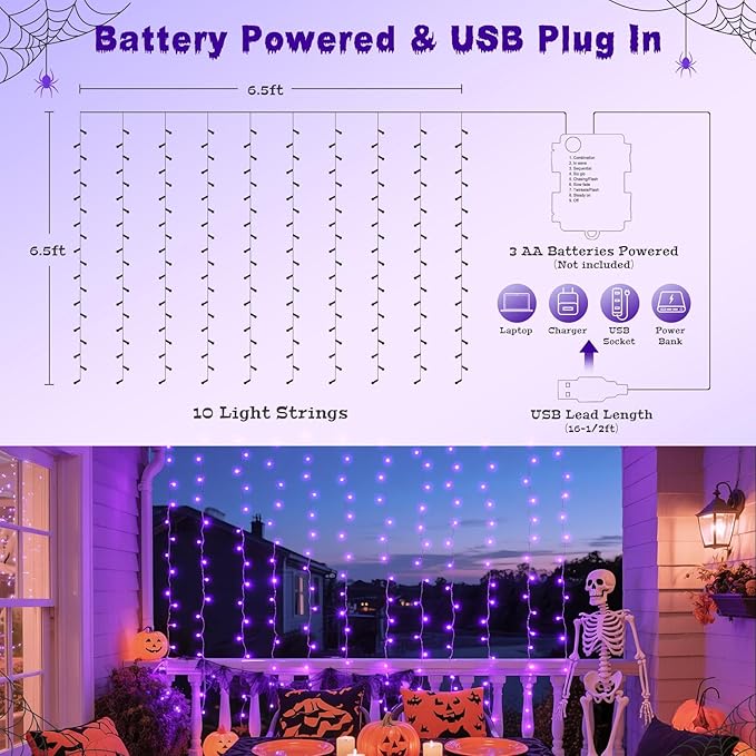 JMEXSUSS 200 LED Halloween Curtain Lights Battery Operated & USB Plug in, 6.6 x 6.6 ft Hanging String Lights Indoor with Remote, Purple Halloween Lights for Bedroom Backdrop Party Outdoor Decorations