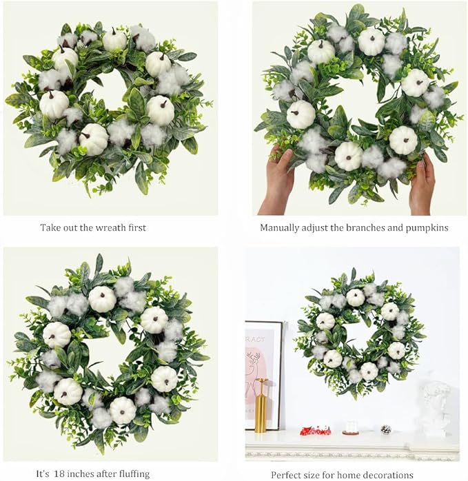 18 Inch Thanksgiving Fall Wreath for Front Door, Autumn Artificial Wreath with White Pumpkin, Cotton, Greenery Leaves for Farmhouse Home Window Wall Office Wedding Indoor Outdoor Decorations