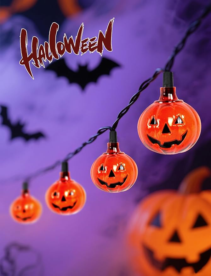 Bright Halloween Pumpkin String Lights, 12ft 20 LED UL Listed String Lights, Easy Plug-in & Connectable for Instant Indoor/Outdoor Party Atmosphere & Porch Decor