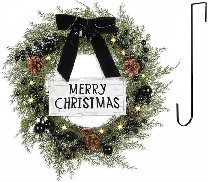Lighted Christmas Wreath for Front Door with Metal Hanger 16'' Artificial Norfolk Wreath with Velvet Bow LED Lights Jingle Bells Pinecone Berries Christmas Holiday Winter Decor(Black)
