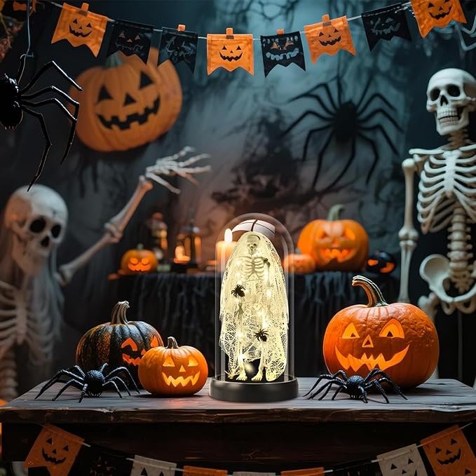 Halloween Decorations-Light-Up Skull with Spider Halloween Decor Indoor Cute Skull Tabletop Decor for Party Home Kitchen and Fireplace, 8.46"x4.2" Flickering LED Terror
