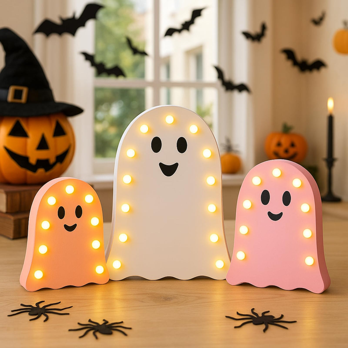 Tujoe 3 Pcs Halloween Decorations Light Up Wooden Ghost Light Up Ghost Kit Pink Halloween Table Centerpiece for Home Decor Kitchen Mantel Tabletop Windowsill