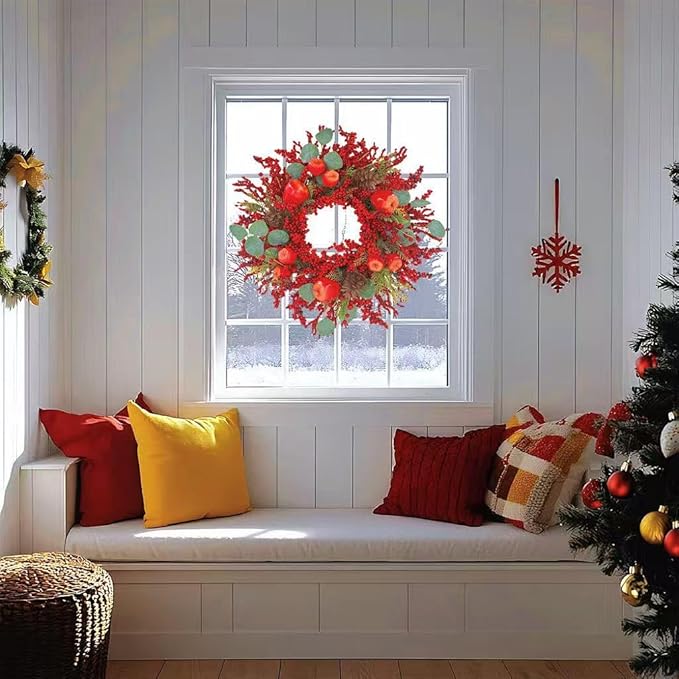 22 inch Christmas Wreath for Front Door - Apple and Berry Wreath for, Artificial Holiday Door Decoration with Mixed Leaves, Farmhouse Style Christmas Wreath