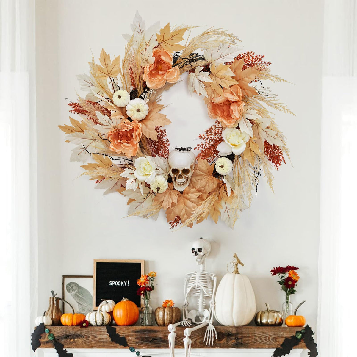 GarveeHome 22 in Halloween Skull Wreaths for Front Door, Fall Maple Leaves Wreath with Lights White Pumpkins Roses, Halloween Decorations for Porch Window Indoor Outdoor Decor